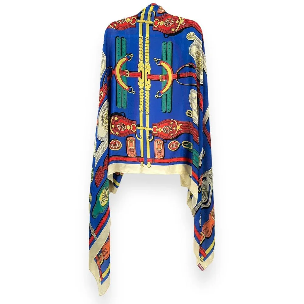 Vintage Multicolor Blue Cream Hermes Style Printed Oversized Silky Wrap Scarf - Picture 1 of 4
